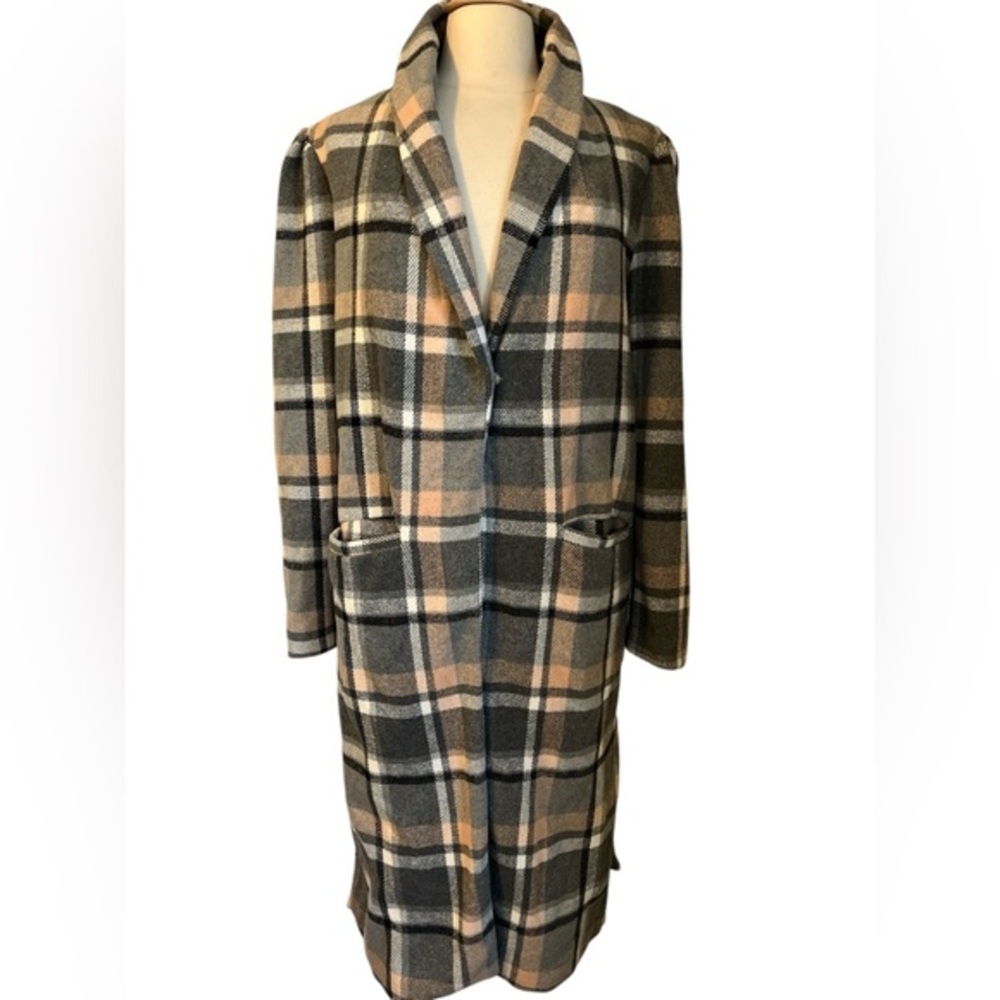 Revamped Gray,Pink,Black & white Plaid Maxi Coat w/pockets & single snap Size XL